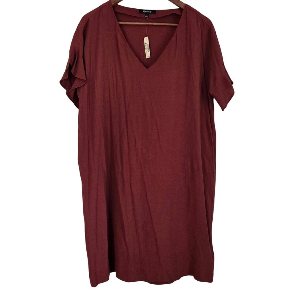 Madewell Rust V‑Neck Tee Dress Tunic Short Sleeve Side Slit Minimalist Size M